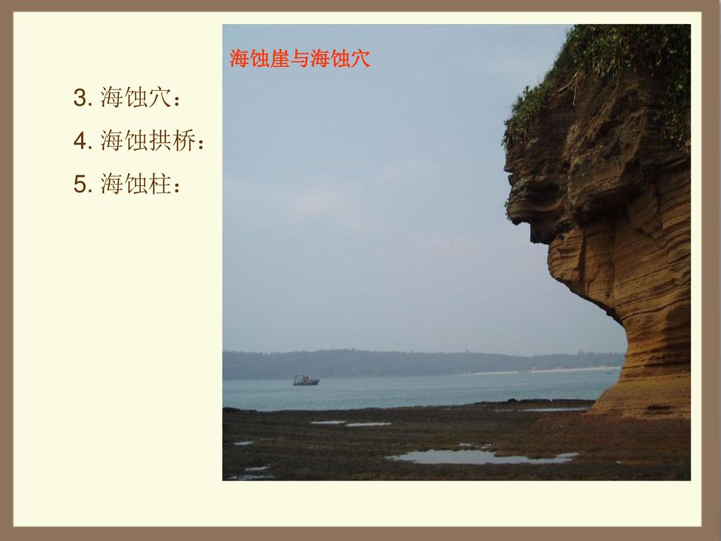 海蚀崖与海蚀穴 3. 海蚀穴： 4. 海蚀拱桥： 5. 海蚀柱：