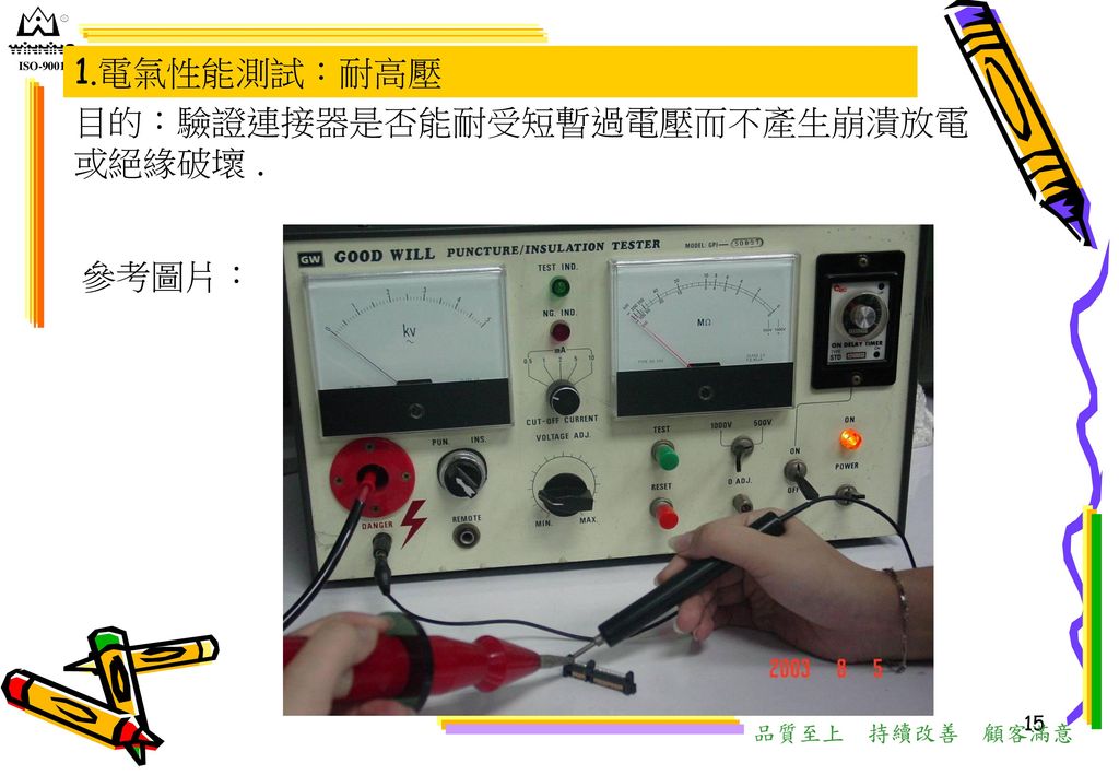 目的：驗證連接器是否能耐受短暫過電壓而不產生崩潰放電或絕緣破壞 .