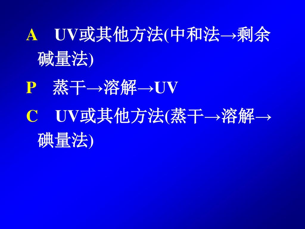 A UV或其他方法(中和法→剩余碱量法) P 蒸干→溶解→UV C UV或其他方法(蒸干→溶解→碘量法)