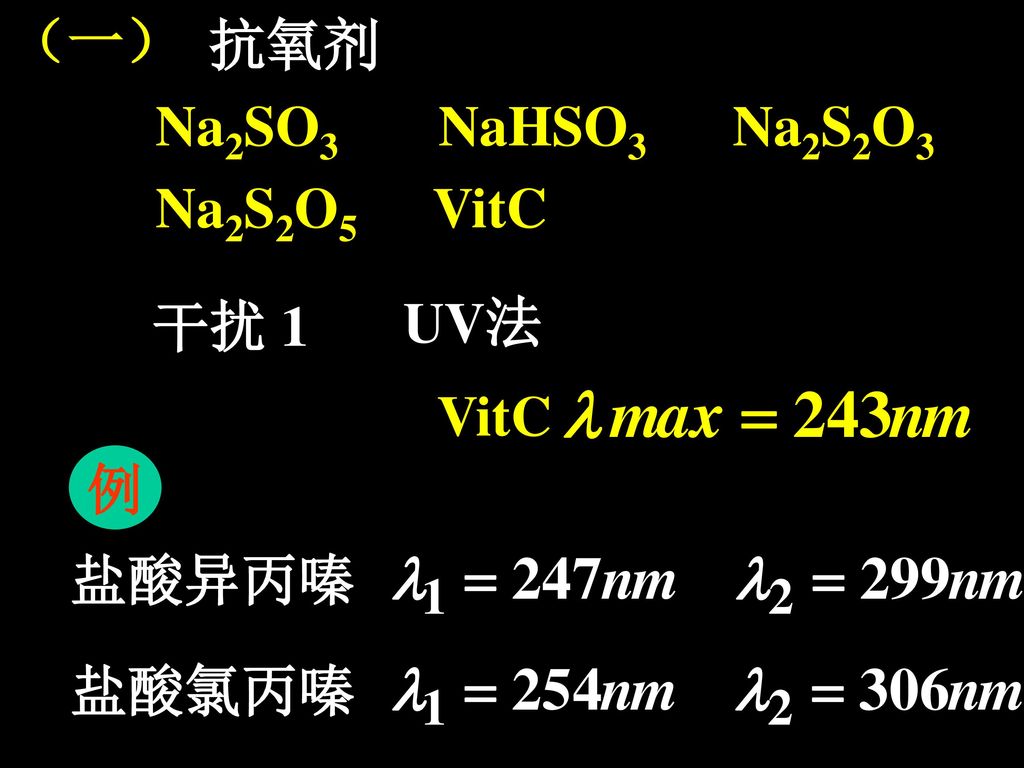（一） 抗氧剂 Na2SO3 NaHSO3 Na2S2O3 Na2S2O5 VitC 干扰 1 UV法 VitC 例 盐酸异丙嗪 盐酸氯丙嗪