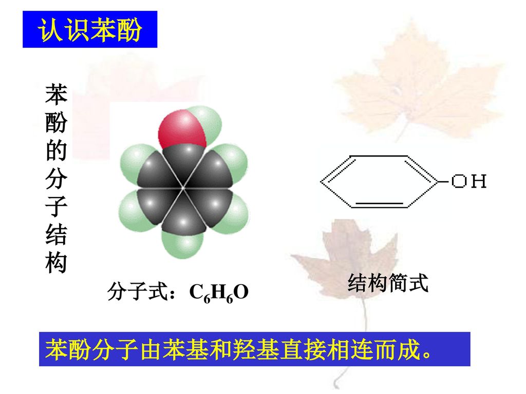 认识苯酚 苯 酚 的 分 子 结 构 结构简式 分子式：C6H6O 苯酚分子由苯基和羟基直接相连而成。