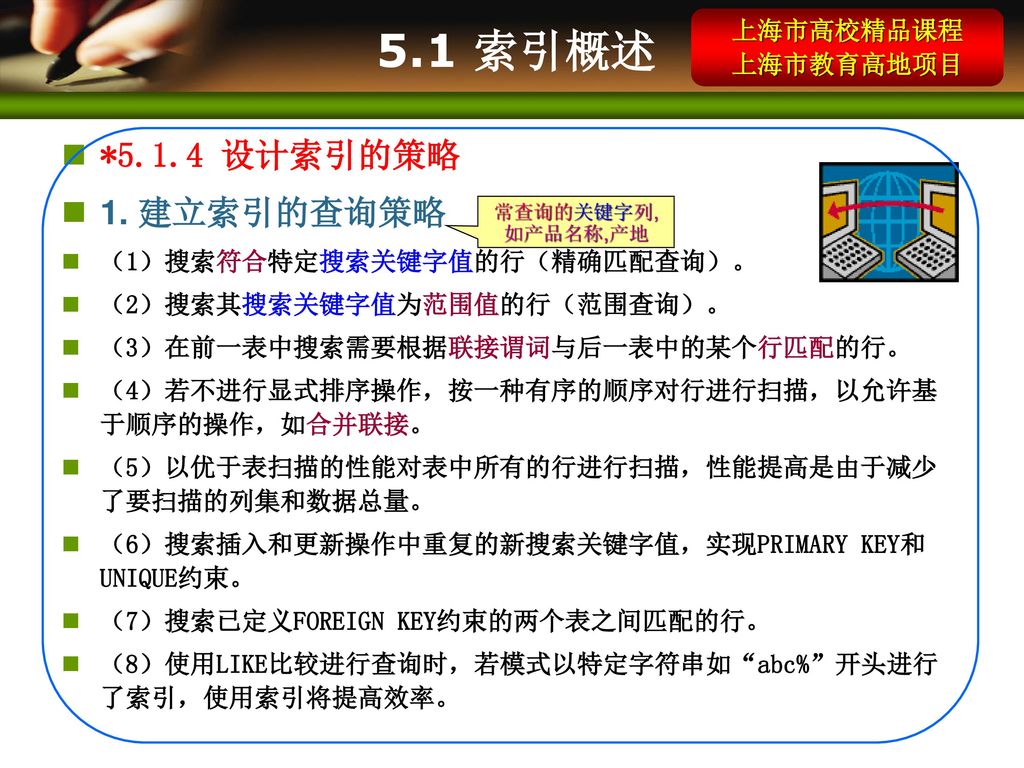 5.1 索引概述 *5.1.4 设计索引的策略 1. 建立索引的查询策略 上海市高校精品课程 上海市教育高地项目