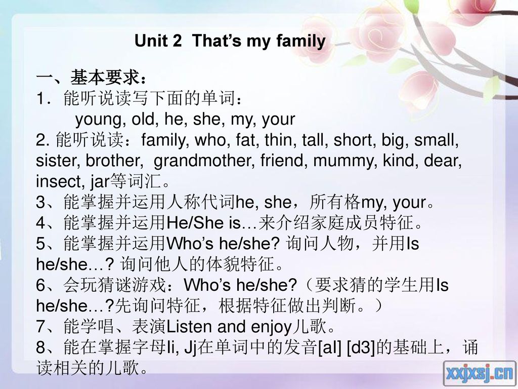 Unit 2 That’s my family 一、基本要求： 1．能听说读写下面的单词： young, old, he, she, my, your.