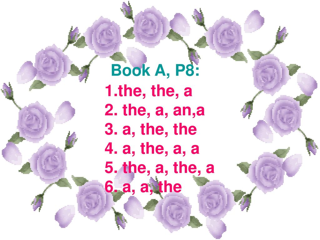 Book A, P8: the, the, a the, a, an,a a, the, the a, the, a, a