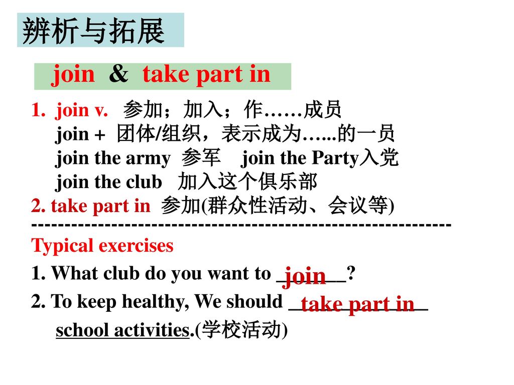 辨析与拓展 join & take part in join take part in 1. join v. 参加；加入；作……成员