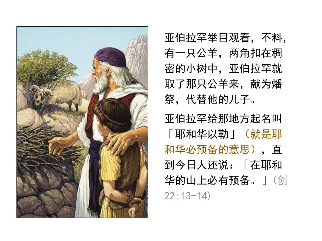 亚伯拉罕举目观看，不料，有一只公羊，两角扣在稠密的小树中，亚伯拉罕就取了那只公羊来，献为燔祭，代替他的儿子。