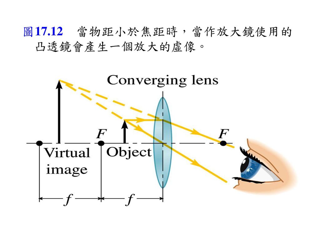 圖17.12 當物距小於焦距時，當作放大鏡使用的凸透鏡會產生一個放大的虛像。