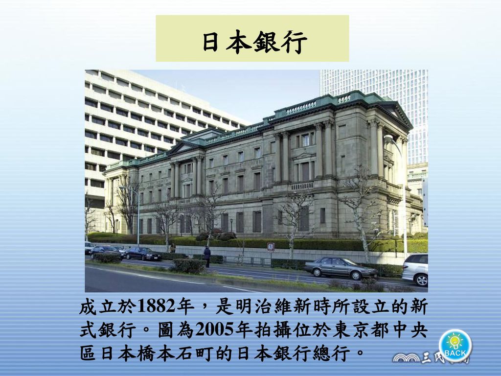 日本銀行 成立於1882年，是明治維新時所設立的新式銀行。圖為2005年拍攝位於東京都中央區日本橋本石町的日本銀行總行。