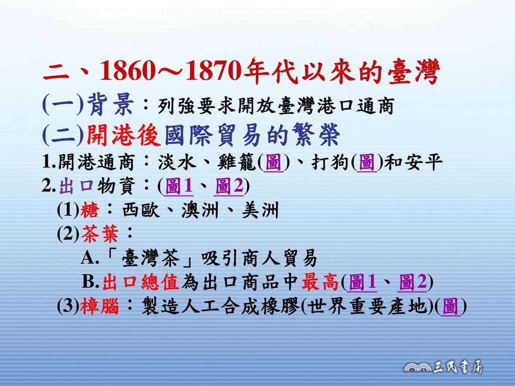 二、1860～1870年代以來的臺灣 (一)背景：列強要求開放臺灣港口通商 (二)開港後國際貿易的繁榮