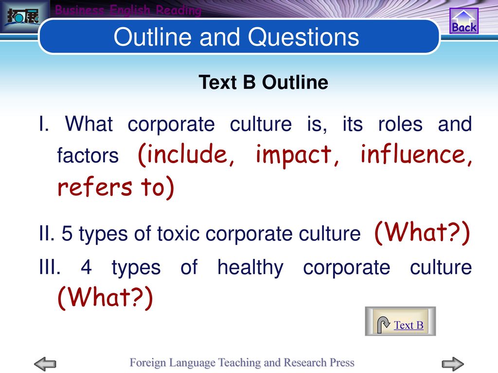 Back Outline and Questions. Text B Outline. I. What corporate culture is, its roles and factors (include, impact, influence, refers to)