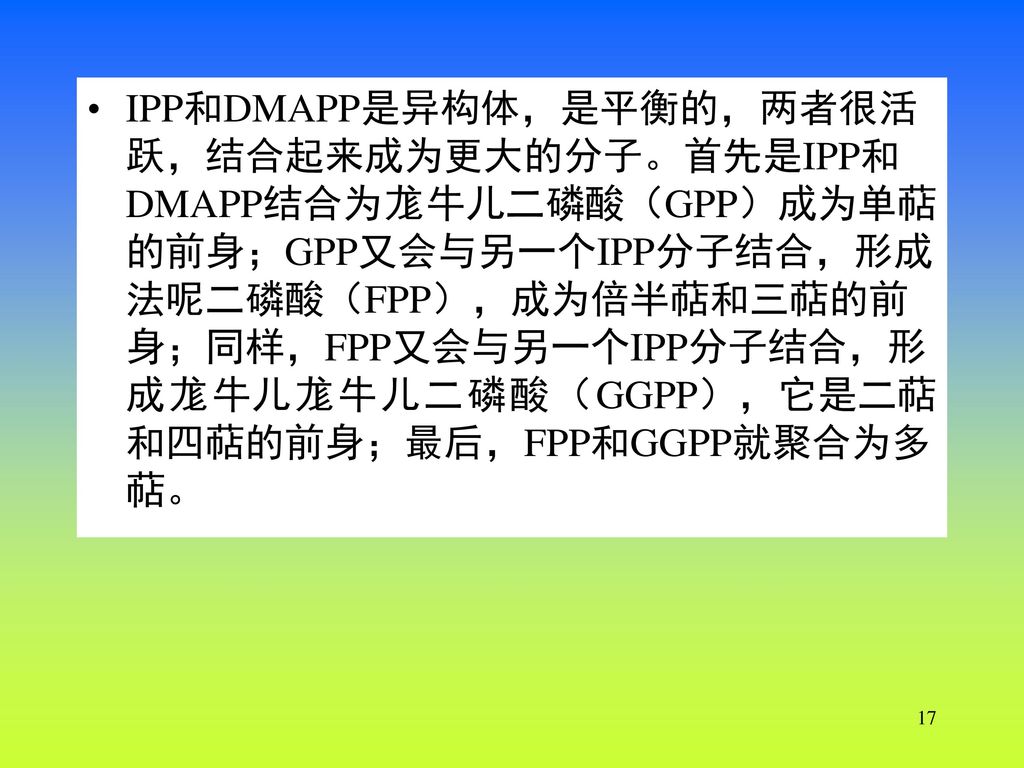 IPP和DMAPP是异构体，是平衡的，两者很活跃，结合起来成为更大的分子。首先是IPP和DMAPP结合为尨牛儿二磷酸（GPP）成为单萜的前身；GPP又会与另一个IPP分子结合，形成法呢二磷酸（FPP），成为倍半萜和三萜的前身；同样，FPP又会与另一个IPP分子结合，形成尨牛儿尨牛儿二磷酸（GGPP），它是二萜和四萜的前身；最后，FPP和GGPP就聚合为多萜。