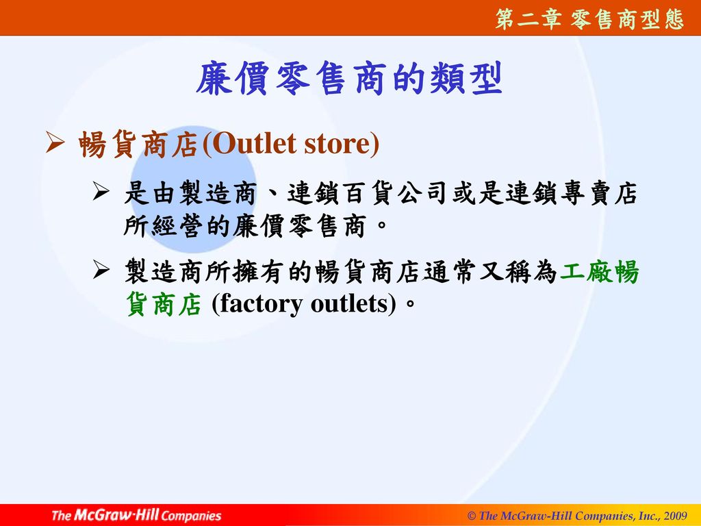 廉價零售商的類型 暢貨商店(Outlet store) 是由製造商、連鎖百貨公司或是連鎖專賣店所經營的廉價零售商。