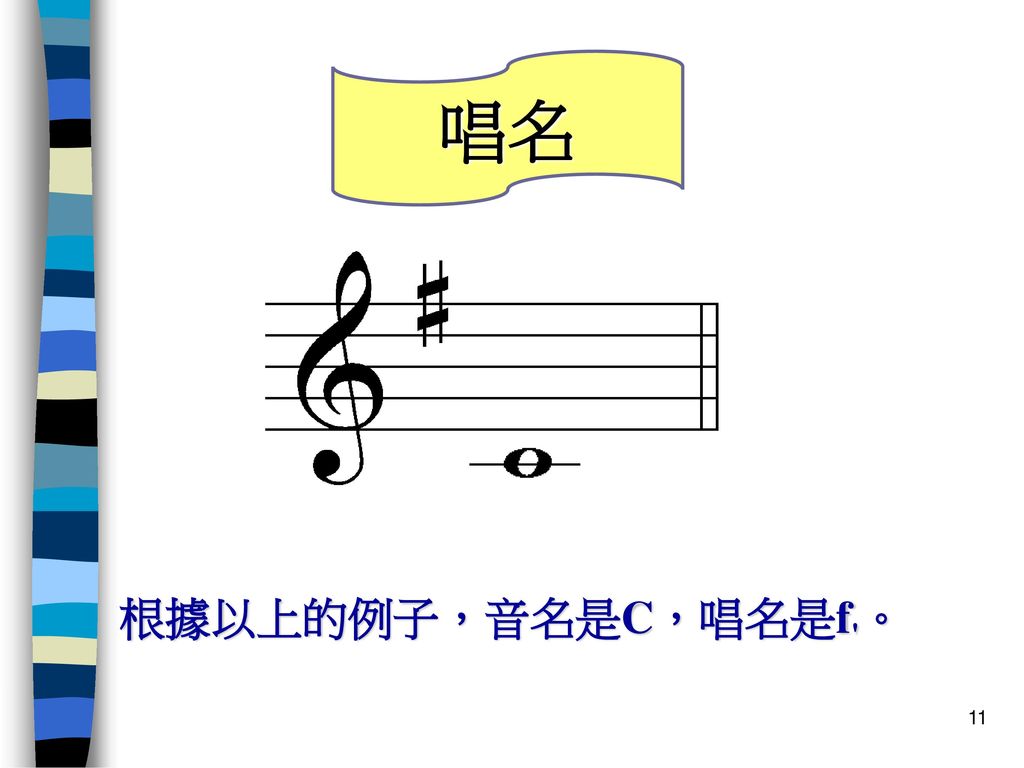 唱名 根據以上的例子，音名是C，唱名是f 。