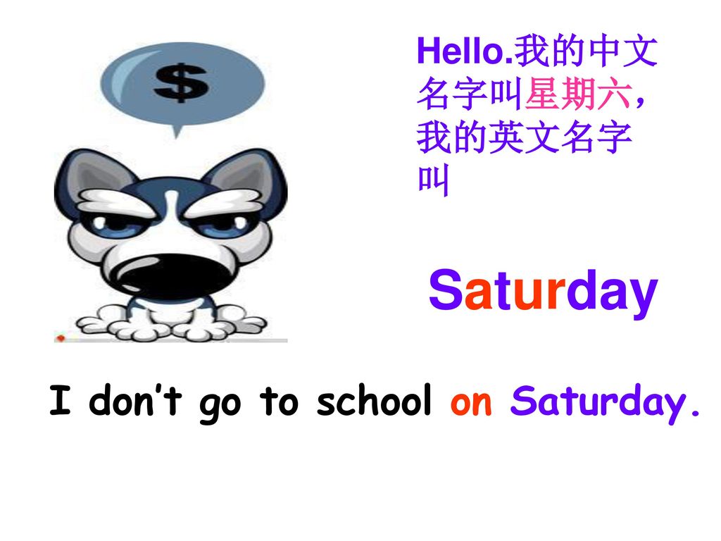 Hello.我的中文 名字叫星期六， 我的英文名字 叫 Saturday I don’t go to school on Saturday.