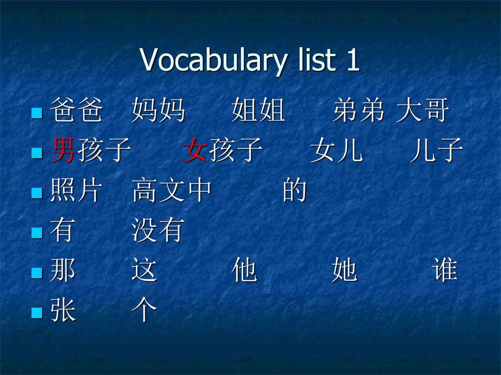 Vocabulary list 1 爸爸 妈妈 姐姐 弟弟 大哥 男孩子 女孩子 女儿 儿子 照片 高文中 的 有 没有 那 这 他 她 谁
