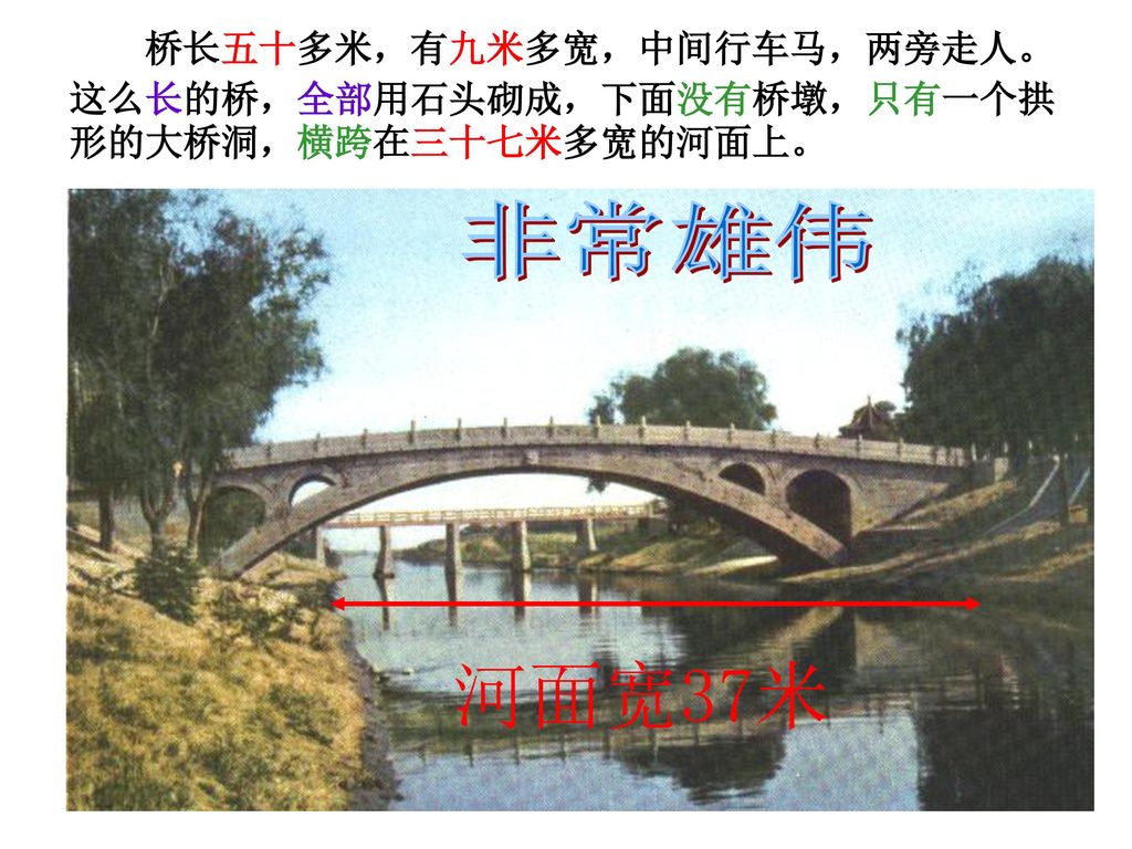 桥长五十多米，有九米多宽，中间行车马，两旁走人。这么长的桥，全部用石头砌成，下面没有桥墩，只有一个拱形的大桥洞，横跨在三十七米多宽的河面上。