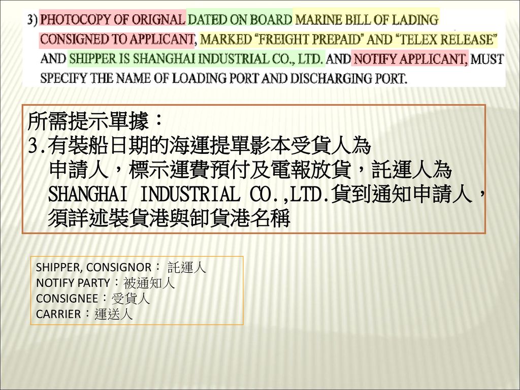 申請人，標示運費預付及電報放貨，託運人為 SHANGHAI INDUSTRIAL CO.,LTD.貨到通知申請人， 須詳述裝貨港與卸貨港名稱