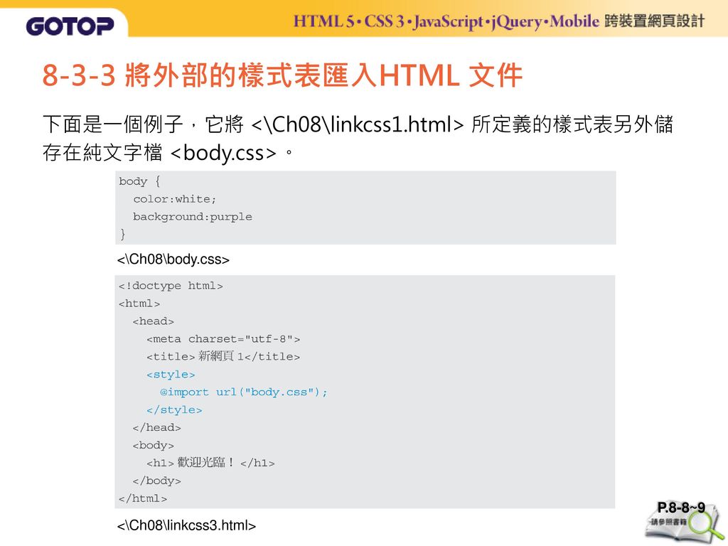 8-3-3 將外部的樣式表匯入HTML 文件 下面是一個例子，它將 <\Ch08\linkcss1.html> 所定義的樣式表另外儲 存在純文字檔 <body.css>。 <\Ch08\body.css>