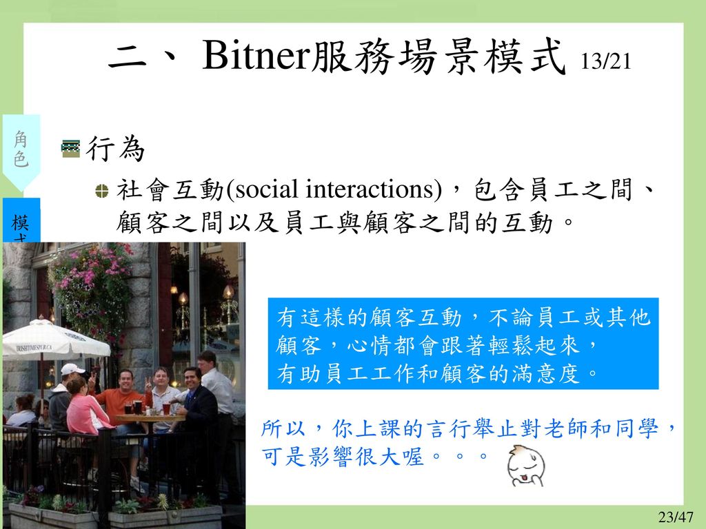 二、 Bitner服務場景模式 13/21 設計. 角色. 結構. 模式. 行為. 社會互動(social interactions)，包含員工之間、顧客之間以及員工與顧客之間的互動。 有這樣的顧客互動，不論員工或其他.