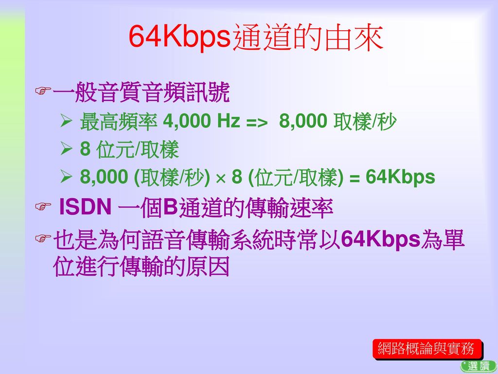 64Kbps通道的由來 一般音質音頻訊號 ISDN 一個B通道的傳輸速率 也是為何語音傳輸系統時常以64Kbps為單位進行傳輸的原因