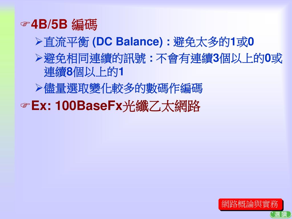 4B/5B 編碼 Ex: 100BaseFx光纖乙太網路 直流平衡 (DC Balance) : 避免太多的1或0