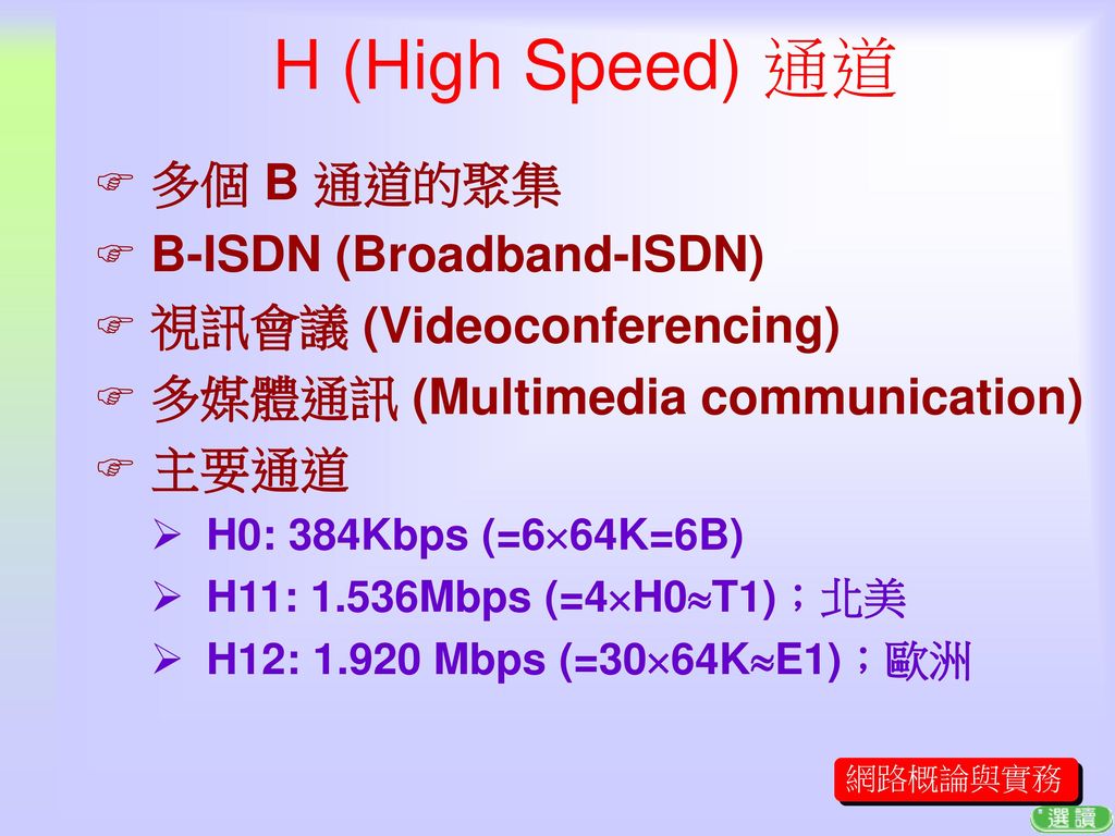 H (High Speed) 通道 多個 B 通道的聚集 B-ISDN (Broadband-ISDN)