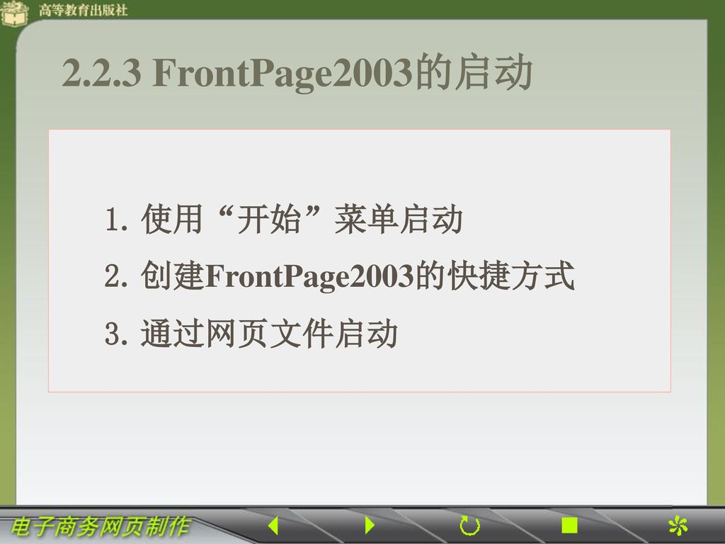 2.2.3 FrontPage2003的启动 使用 开始 菜单启动 创建FrontPage2003的快捷方式 通过网页文件启动