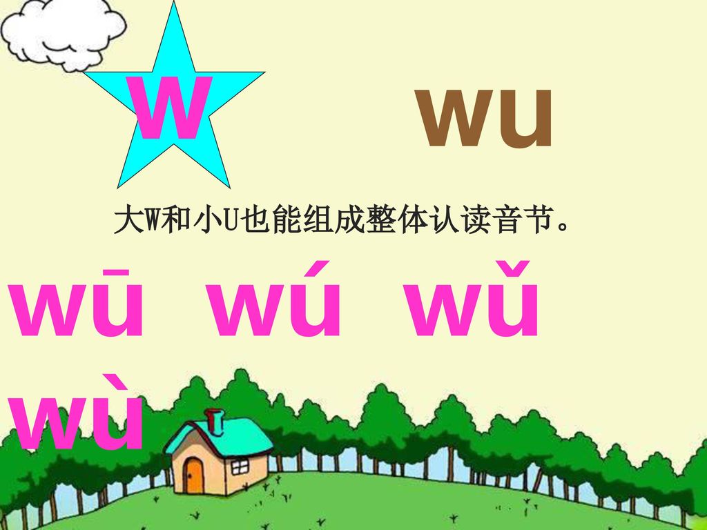 w wu 大W和小U也能组成整体认读音节。 wū wú wǔ wù