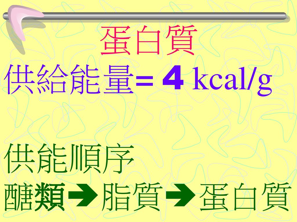 蛋白質 供給能量= 4 kcal/g 供能順序 醣類脂質蛋白質