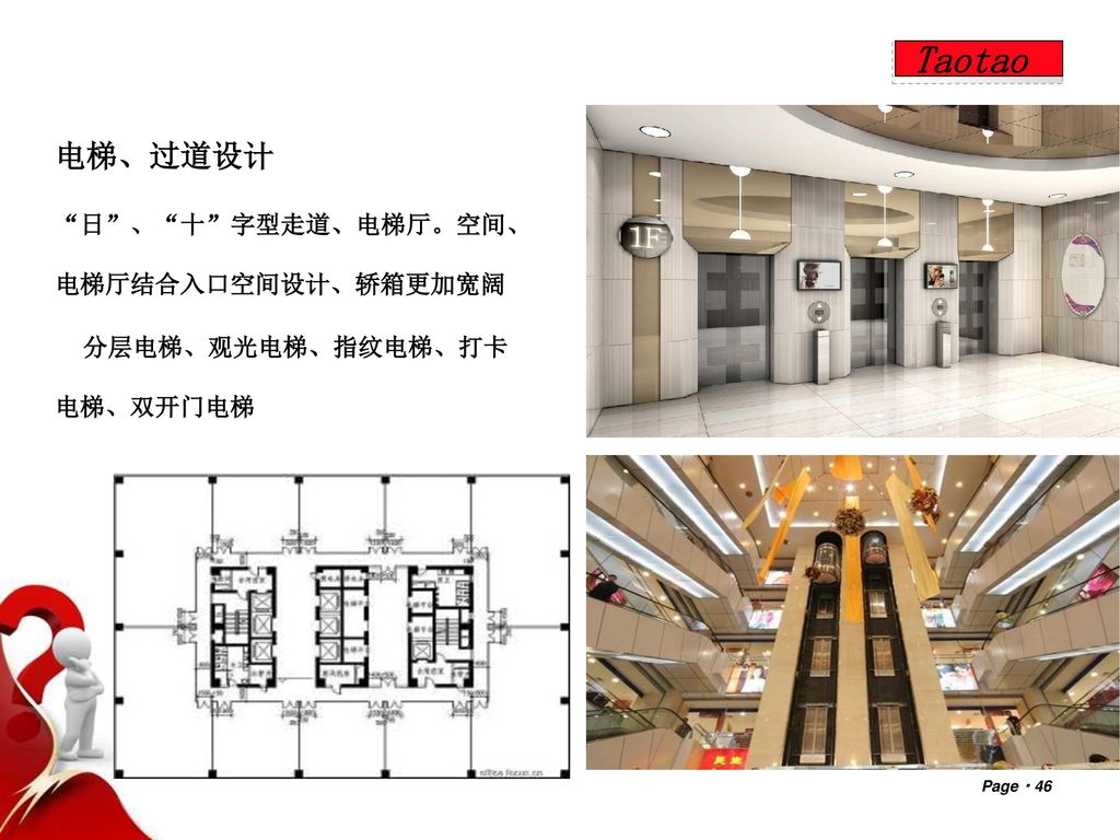 Taotao 电梯、过道设计 日 、 十 字型走道、电梯厅。空间、电梯厅结合入口空间设计、轿箱更加宽阔