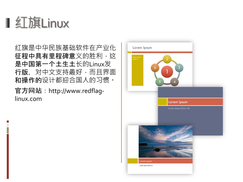 红旗Linux 红旗是中华民族基础软件在产业化 征程中具有里程碑意义的胜利，这 是中国第一个土生土长的Linux发 行版，对中文支持最好，而且界面 和操作的设计都迎合国人的习惯。 官方网站：  linux.com