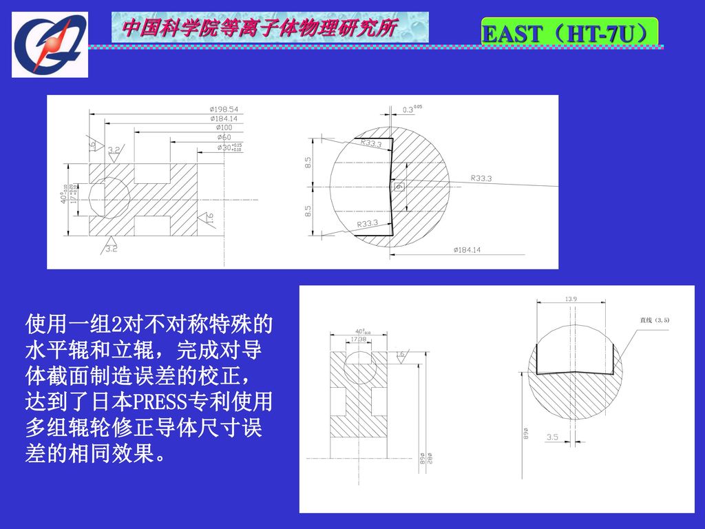 使用一组2对不对称特殊的水平辊和立辊，完成对导体截面制造误差的校正，达到了日本PRESS专利使用多组辊轮修正导体尺寸误差的相同效果。