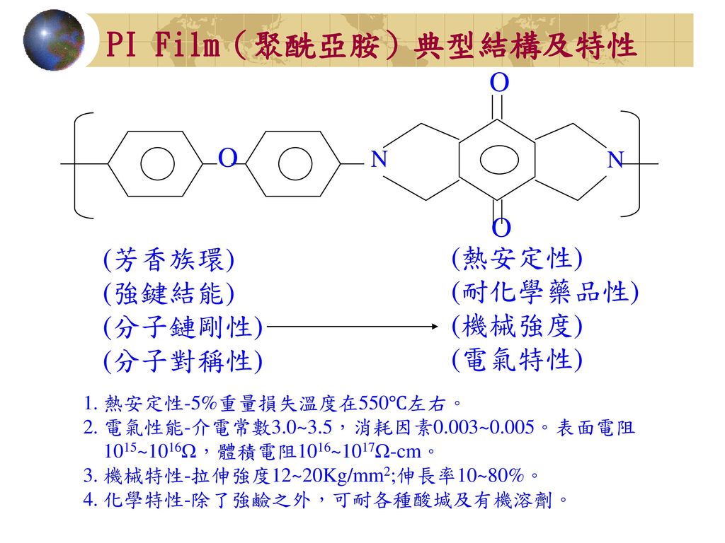 PI Film（聚酰亞胺）典型結構及特性 O (芳香族環) (熱安定性) (強鍵結能) (耐化學藥品性) (分子鏈剛性) (機械強度)
