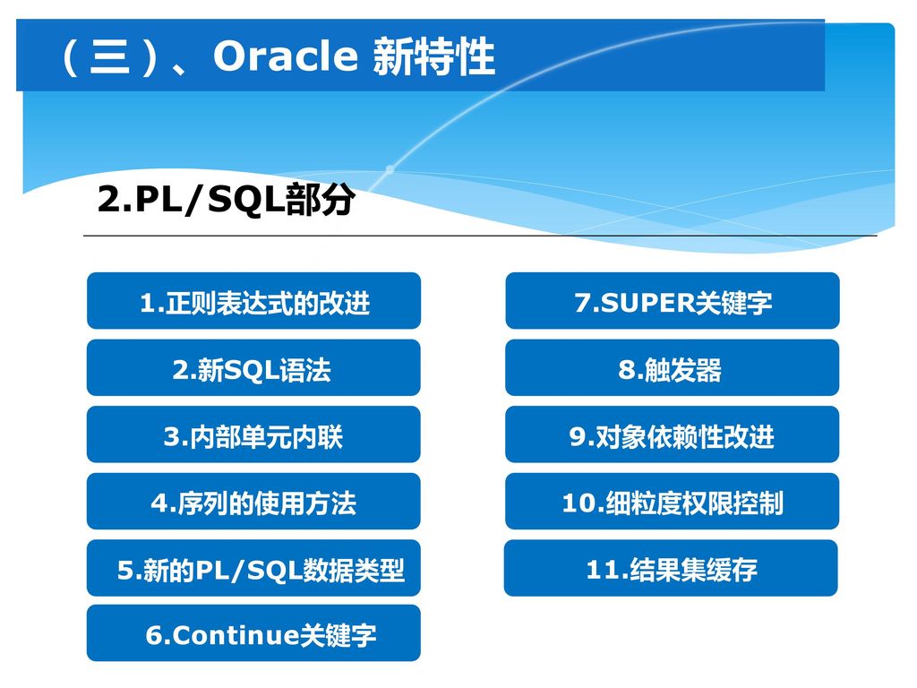 （三）、Oracle 新特性 2.PL/SQL部分 1.正则表达式的改进 7.SUPER关键字 2.新SQL语法 8.触发器