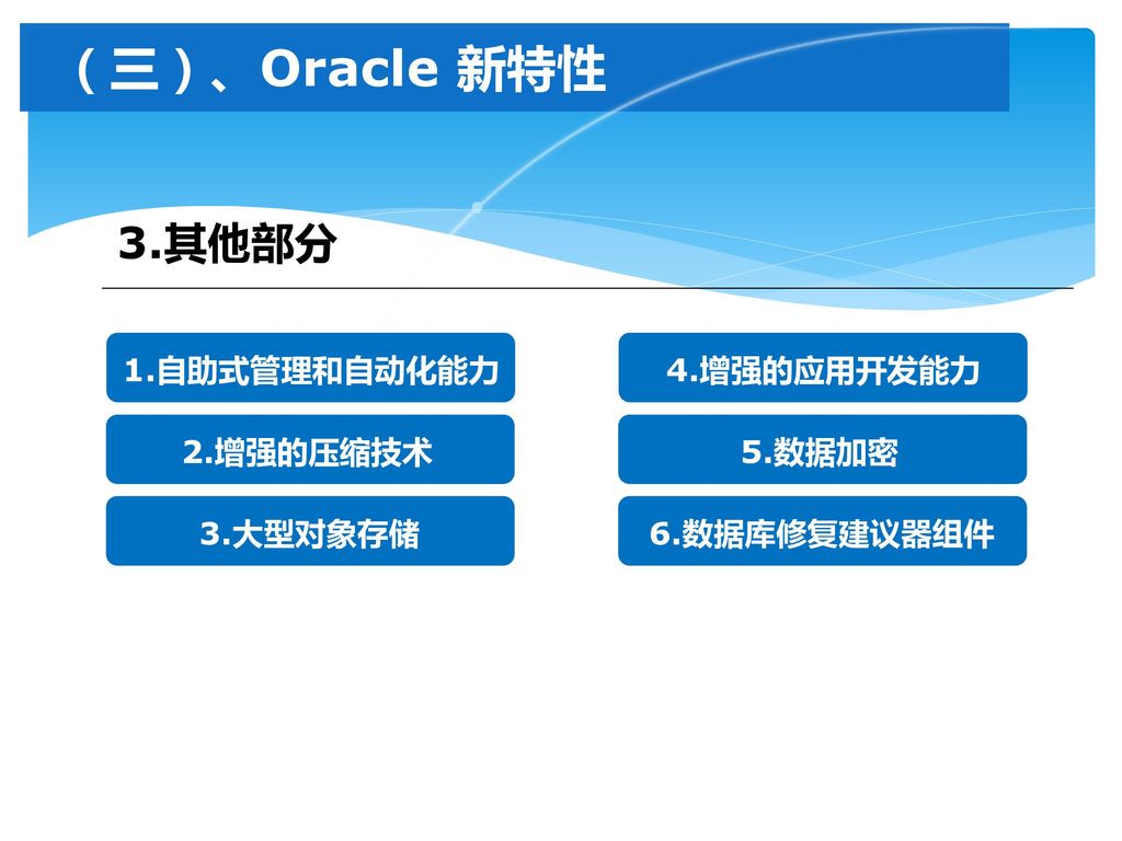 （三）、Oracle 新特性 3.其他部分 1.自助式管理和自动化能力 4.增强的应用开发能力 2.增强的压缩技术 5.数据加密