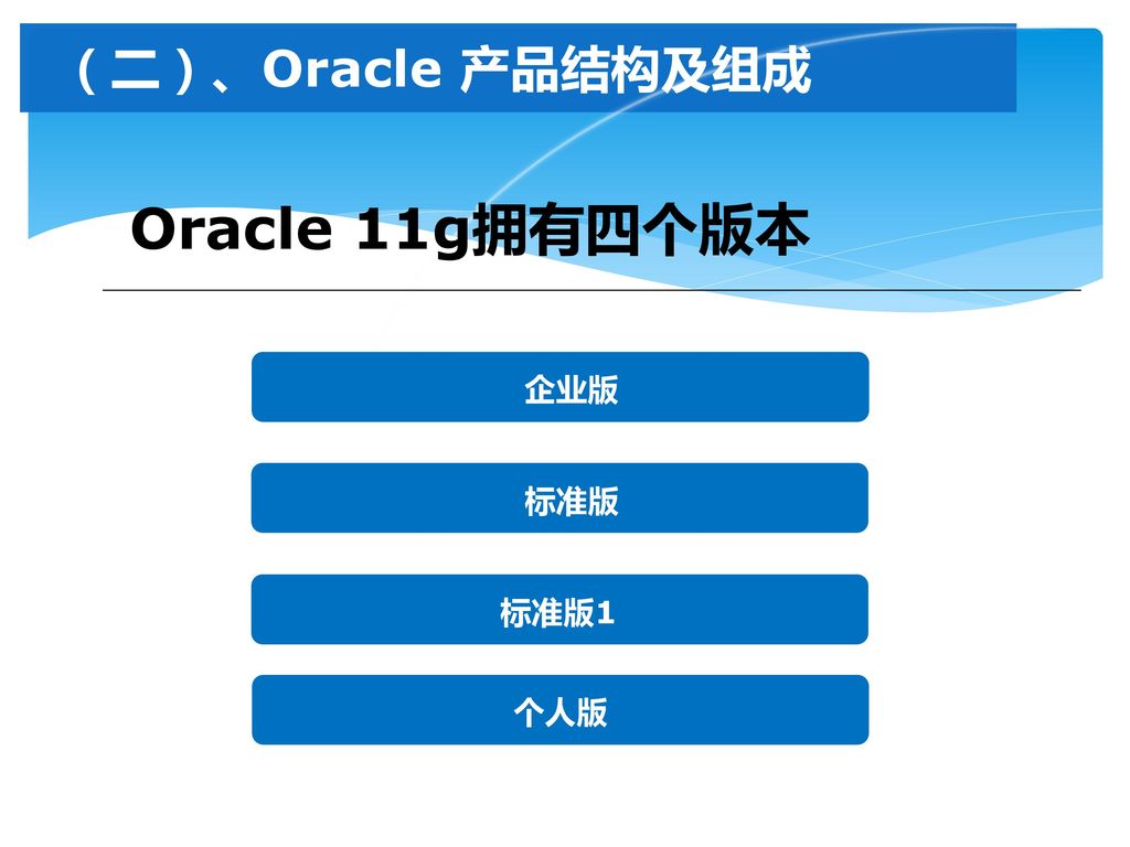 （二）、Oracle 产品结构及组成 Oracle 11g拥有四个版本 企业版 标准版 标准版1 个人版