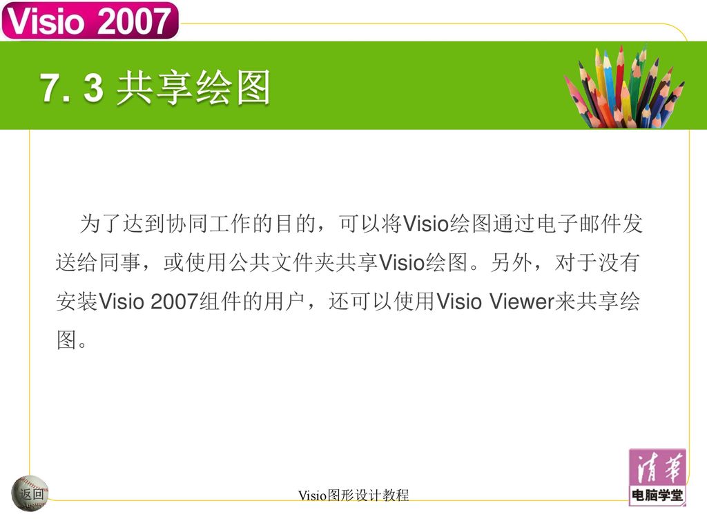 7. 3 共享绘图 为了达到协同工作的目的，可以将Visio绘图通过电子邮件发送给同事，或使用公共文件夹共享Visio绘图。另外，对于没有安装Visio 2007组件的用户，还可以使用Visio Viewer来共享绘图。
