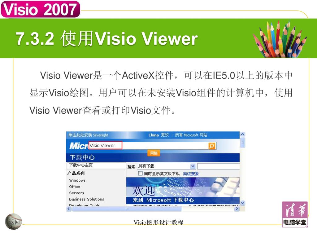 7.3.2 使用Visio Viewer Visio Viewer是一个ActiveX控件，可以在IE5.0以上的版本中显示Visio绘图。用户可以在未安装Visio组件的计算机中，使用Visio Viewer查看或打印Visio文件。