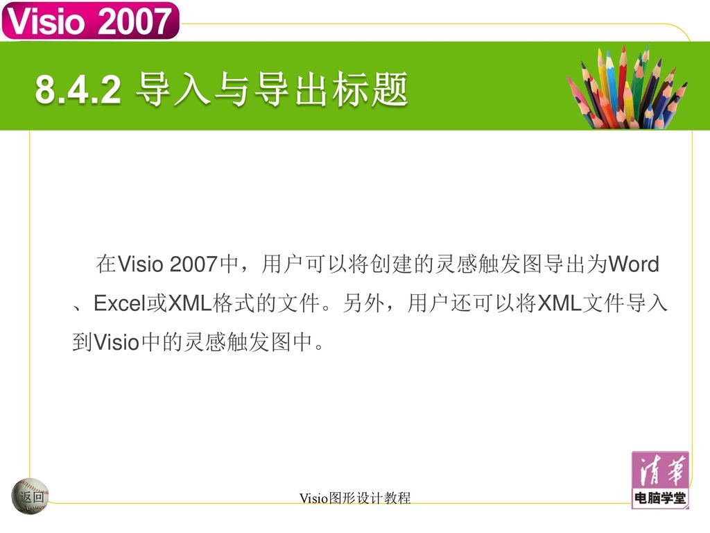 8.4.2 导入与导出标题 在Visio 2007中，用户可以将创建的灵感触发图导出为Word、Excel或XML格式的文件。另外，用户还可以将XML文件导入到Visio中的灵感触发图中。 返回.