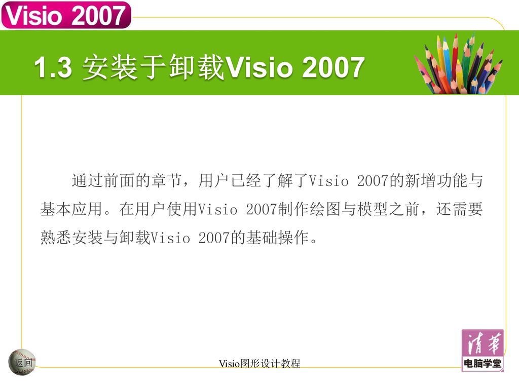 1.3 安装于卸载Visio 2007 通过前面的章节，用户已经了解了Visio 2007的新增功能与基本应用。在用户使用Visio 2007制作绘图与模型之前，还需要熟悉安装与卸载Visio 2007的基础操作。