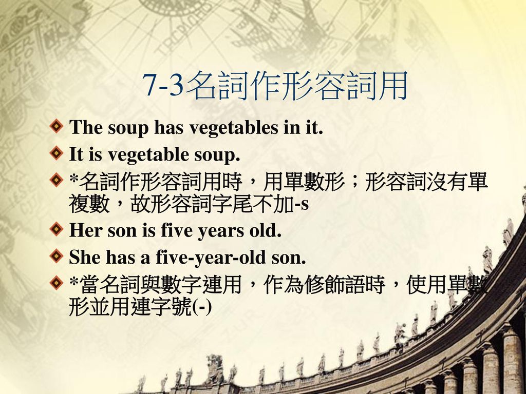 7-3名詞作形容詞用 The soup has vegetables in it. It is vegetable soup.