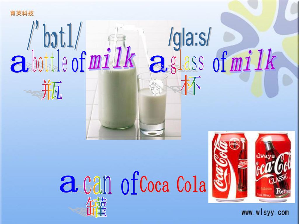 / bɔtl/ /gla:s/ milk milk bottle glass of of a a 杯 瓶 of a can Coca Cola 罐