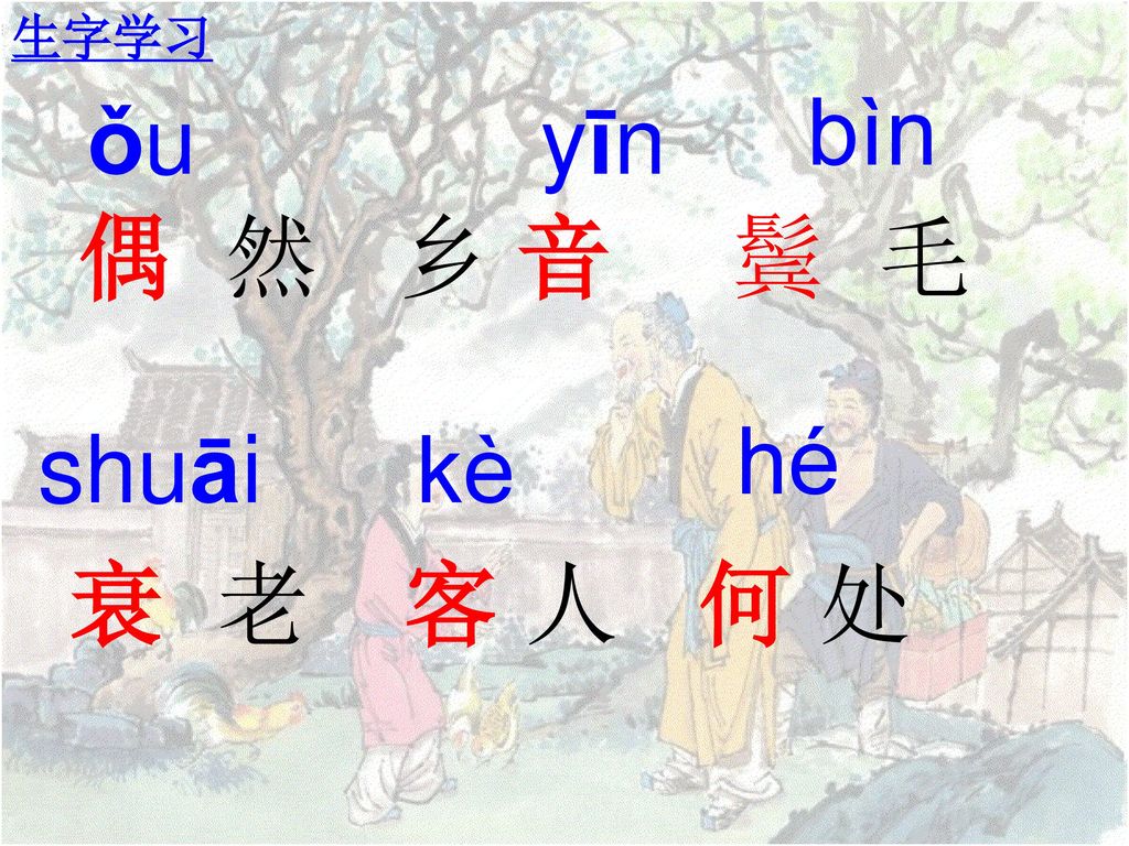 生字学习 生字学习 bìn ǒu yīn 偶 然 乡 音 鬓 毛 hé shuāi kè 衰 老 客 人 何 处