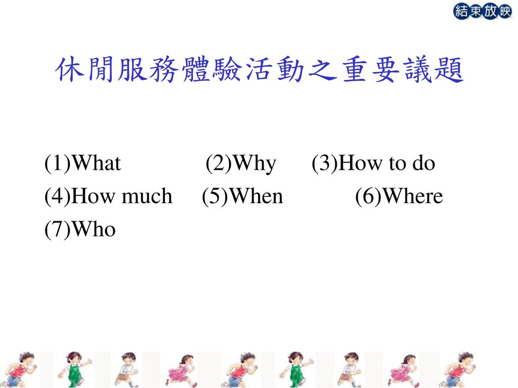 休閒服務體驗活動之重要議題 (1)What (2)Why (3)How to do (4)How much (5)When (6)Where