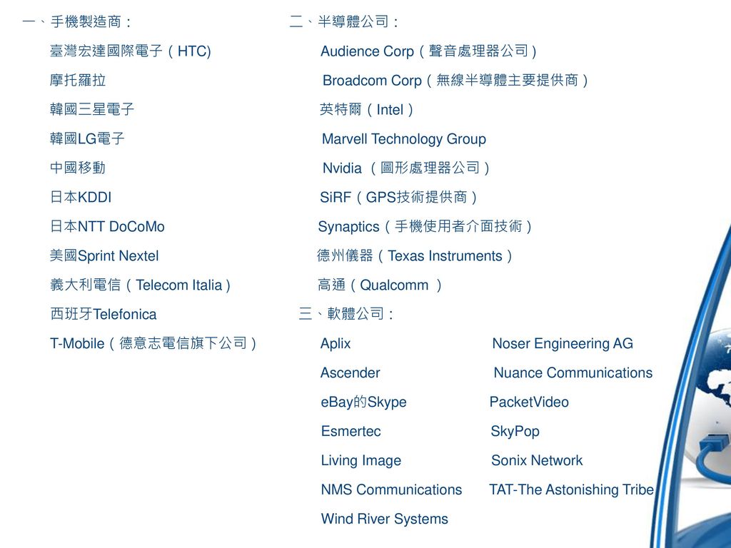 一、手機製造商： 二、半導體公司： 臺灣宏達國際電子（HTC) Audience Corp（聲音處理器公司 ) 摩托羅拉 Broadcom Corp（無線半導體主要提供商） 韓國三星電子 英特爾（Intel） 韓國LG電子 Marvell Technology Group 中國移動 Nvidia （圖形處理器公司） 日本KDDI SiRF（GPS技術提供商） 日本NTT DoCoMo Synaptics（手機使用者介面技術） 美國Sprint Nextel 德州儀器（Texas Instruments） 義大利電信（Telecom Italia ) 高通（Qualcomm ） 西班牙Telefonica 三、軟體公司： T-Mobile（德意志電信旗下公司） Aplix Noser Engineering AG Ascender Nuance Communications eBay的Skype PacketVideo Esmertec SkyPop Living Image Sonix Network NMS Communications TAT-The Astonishing Tribe Wind River Systems