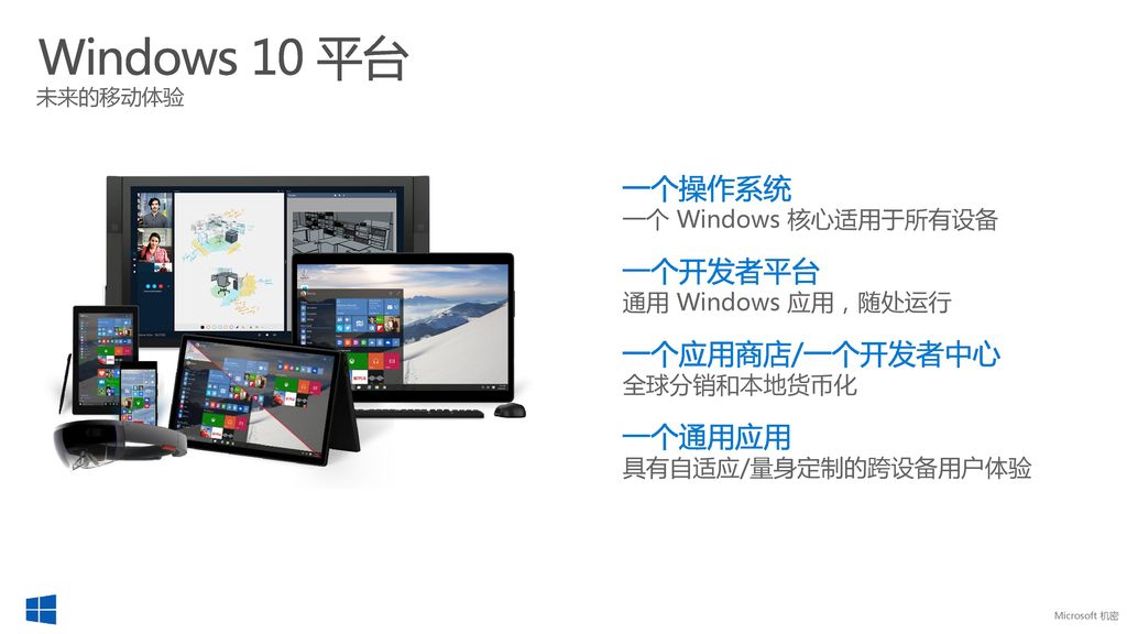 Windows 10 平台 一个操作系统 一个 Windows 核心适用于所有设备 一个开发者平台 通用 Windows 应用，随处运行