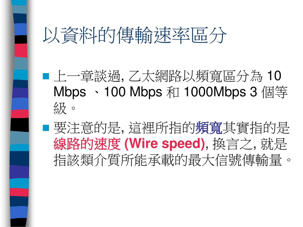 以資料的傳輸速率區分 上一章談過, 乙太網路以頻寬區分為 10 Mbps 、100 Mbps 和 1000Mbps 3 個等級。