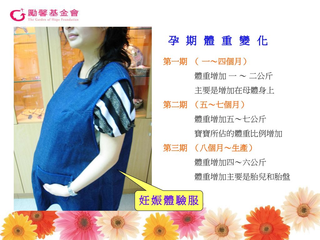 孕期體重變化 妊娠體驗服 第一期 （ 一～四個月） 體重增加 一 ～ 二公斤 主要是增加在母體身上 第二期 （五～七個月）