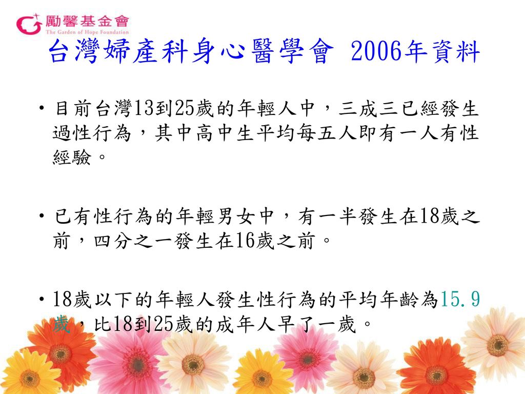 台灣婦產科身心醫學會 2006年資料 目前台灣13到25歲的年輕人中，三成三已經發生過性行為，其中高中生平均每五人即有一人有性經驗。
