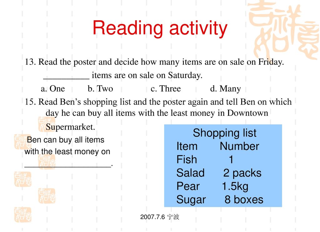 Reading activity Shopping list Item Number Fish 1 Salad 2 packs